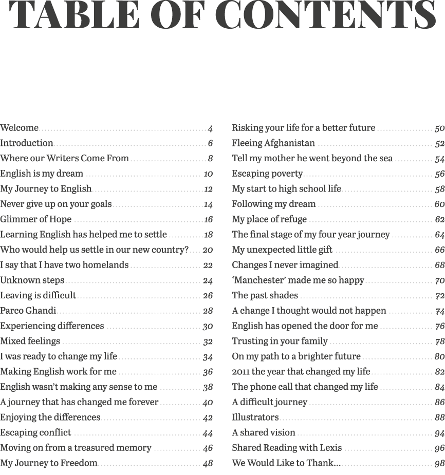 Table of Contents Welcome 4 Introduction 6 Where our Writers Come From 8 English is my dream 10 My Journey to English   