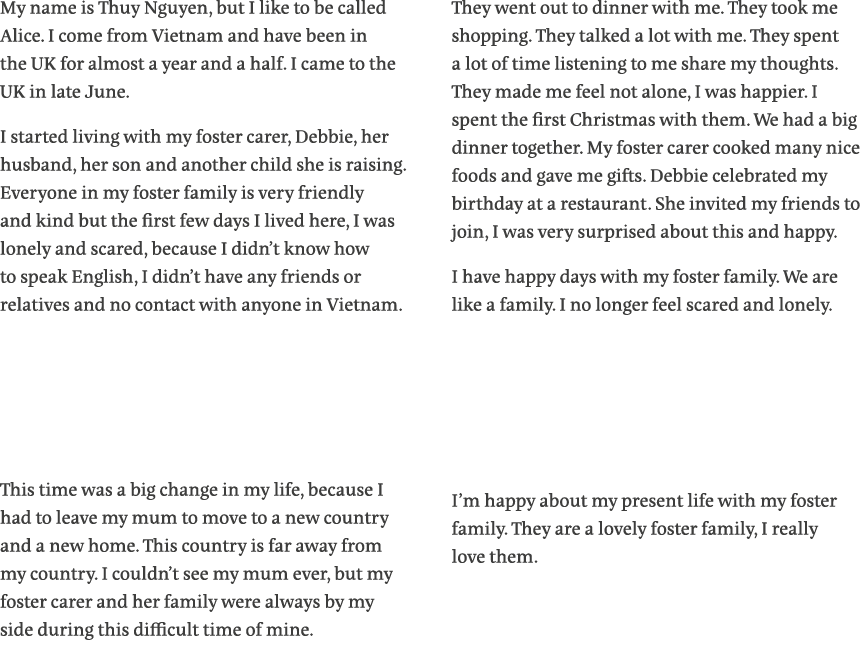 My name is Thuy Nguyen, but I like to be called Alice  I come from Vietnam and have been in the UK for almost a year    
