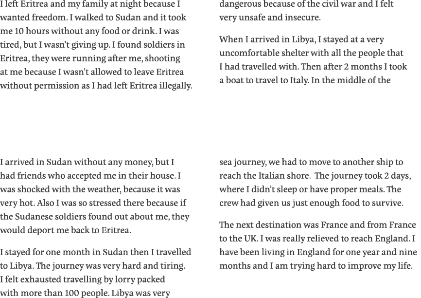 I left Eritrea and my family at night because I wanted freedom  I walked to Sudan and it took me 10 hours without any   