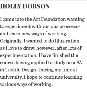 Holly Dobson I came into the Art Foundation wanting to experiment with various processes and learn new ways of workin   