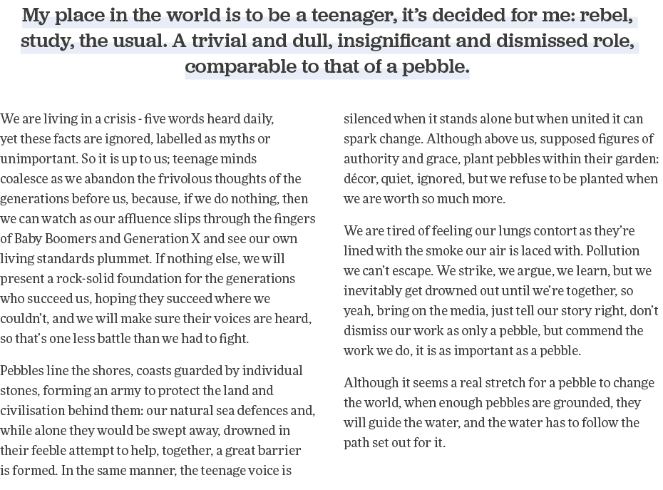 My place in the world is to be a teenager, it s decided for me: rebel, study, the usual  A trivial and dull, insignif   