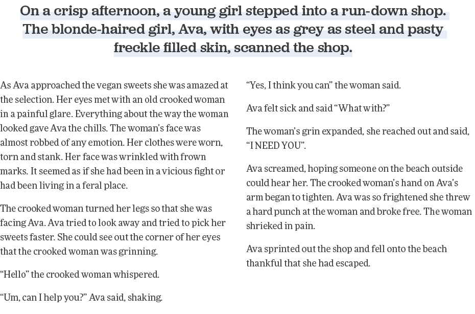 On a crisp afternoon, a young girl stepped into a run-down shop  The blonde-haired girl, Ava, with eyes as grey as st   