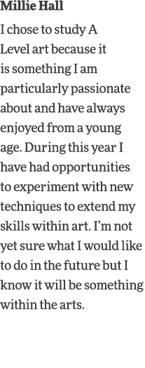 Millie Hall I chose to study A Level art because it is something I am particularly passionate about and have always e   
