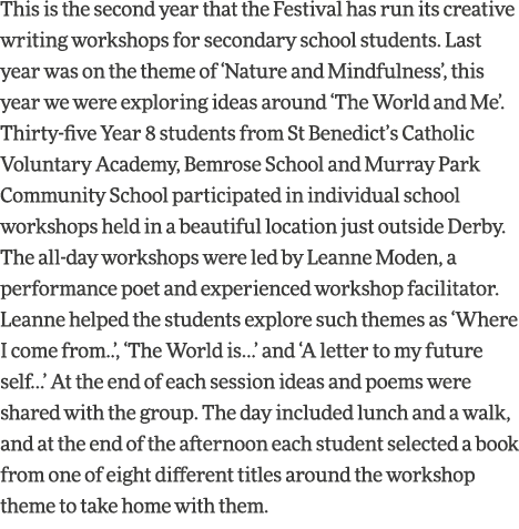 This is the second year that the Festival has run its creative writing workshops for secondary school students  Last    